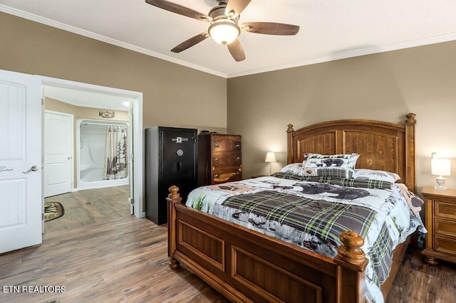 bedroom with ceiling fan, dark hardwood / wood-style flooring, and ornamental molding