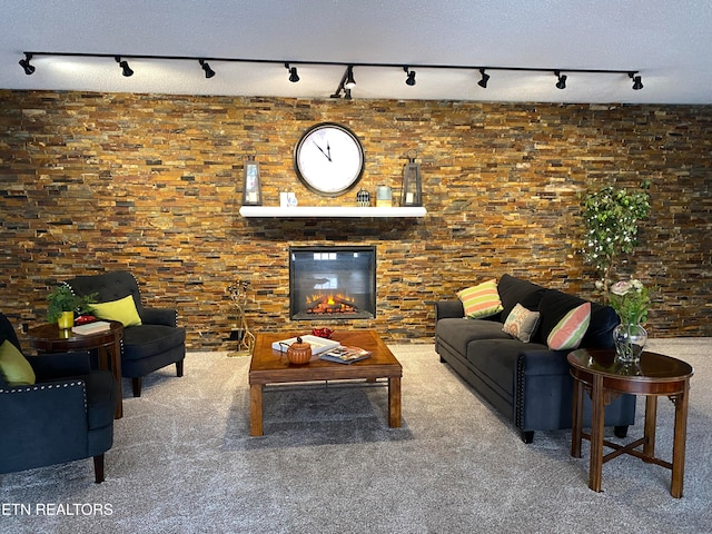 living room featuring a textured ceiling, carpet flooring, and track lighting