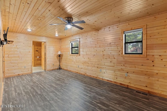 empty room featuring dark hardwood / wood-style flooring, wooden walls, wood ceiling, and ceiling fan