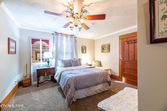 carpeted bedroom featuring a textured ceiling, ceiling fan, and crown molding