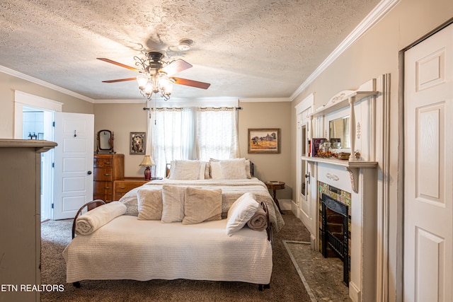 carpeted bedroom featuring ornamental molding, a textured ceiling, and ceiling fan