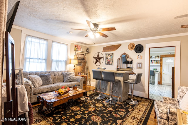 living room featuring ornamental molding, a textured ceiling, bar, hardwood / wood-style flooring, and ceiling fan