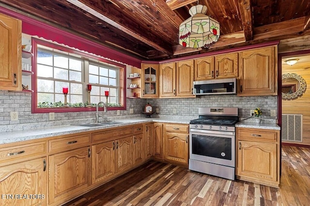 kitchen featuring stainless steel appliances, backsplash, dark hardwood / wood-style floors, beam ceiling, and sink