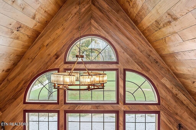 interior details featuring a chandelier, wooden walls, and wooden ceiling