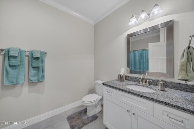 bathroom featuring ornamental molding, toilet, vanity, and tile patterned floors