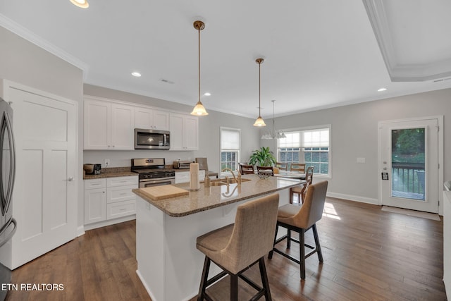 kitchen with hanging light fixtures, a center island with sink, white cabinetry, and appliances with stainless steel finishes