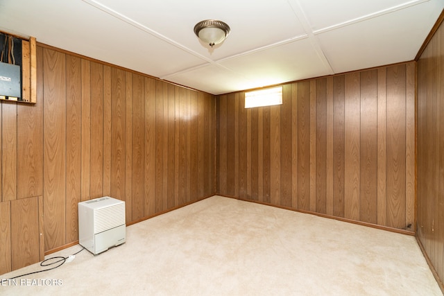 basement with light colored carpet and wooden walls