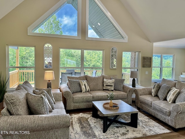 139 Pool Rd, Lafollette, TN 37766 - living area with high vaulted ceiling and wood finished floors