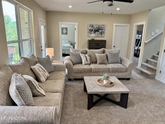 139 Pool Rd, Lafollette, TN 37766 - carpeted living room featuring a ceiling fan, recessed lighting, and stairway