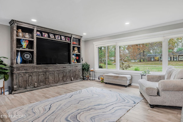 living room featuring ornamental molding and light hardwood / wood-style flooring