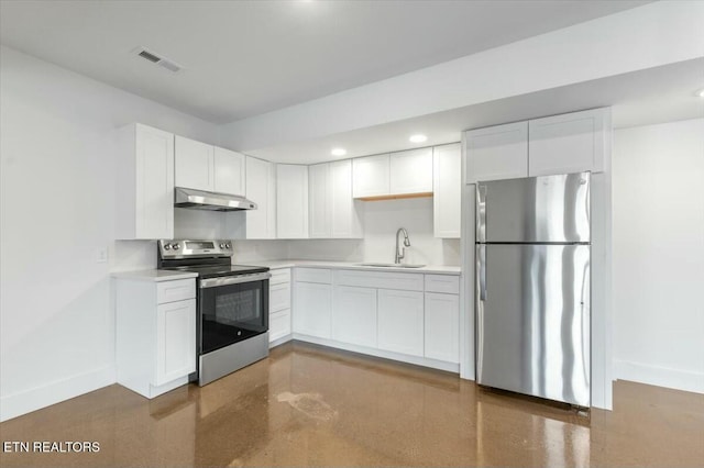 kitchen with appliances with stainless steel finishes, white cabinetry, and sink