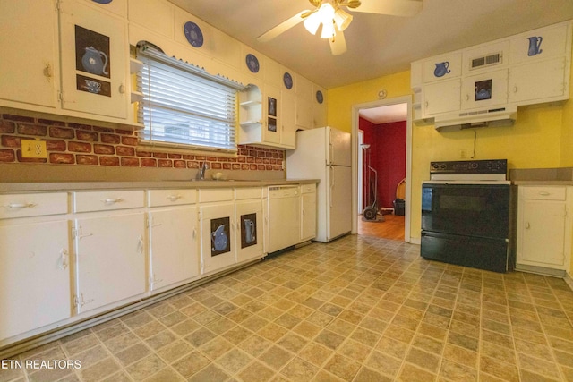 kitchen featuring white cabinets, sink, ceiling fan, backsplash, and white appliances