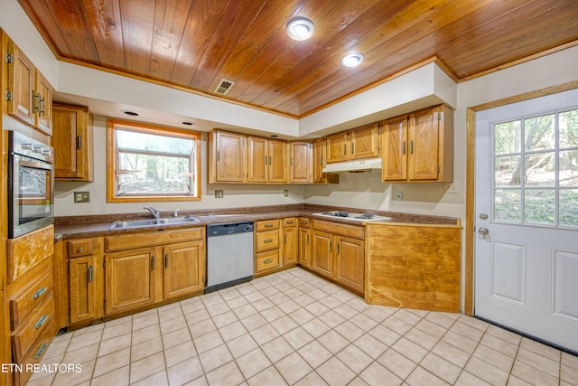 kitchen with appliances with stainless steel finishes, sink, wood ceiling, and plenty of natural light