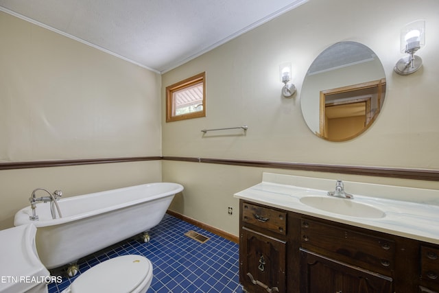 bathroom featuring a tub to relax in, a textured ceiling, vanity, crown molding, and toilet