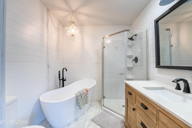 full bathroom featuring toilet, independent shower and bath, and vanity