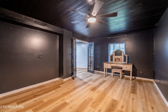 interior space featuring light hardwood / wood-style flooring, ceiling fan, and wooden ceiling