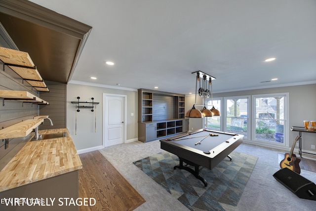 2011 Breakers Pt, Knoxville, TN 37922 - recreation room featuring crown molding, pool table, a sink, recessed lighting, and baseboards
