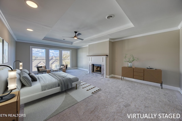 2011 Breakers Pt, Knoxville, TN 37922 - carpeted bedroom featuring a raised ceiling, crown molding, baseboards, a premium fireplace, and recessed lighting