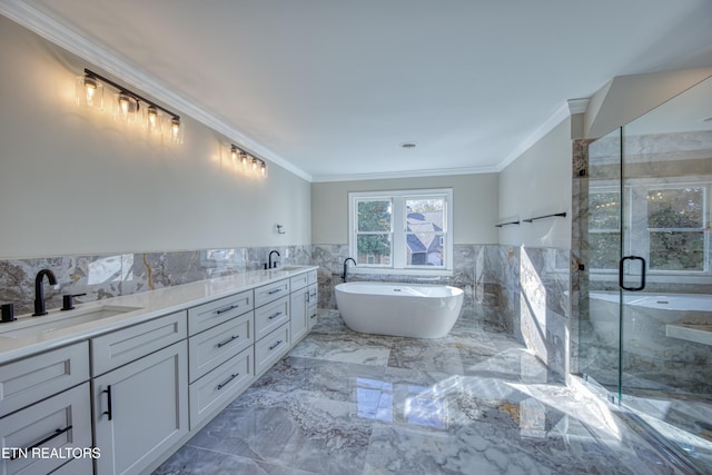 2011 Breakers Pt, Knoxville, TN 37922 - full bath featuring tile walls, a soaking tub, crown molding, a marble finish shower, and double vanity