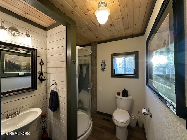 bathroom with sink, wood ceiling, a shower with door, hardwood / wood-style floors, and toilet