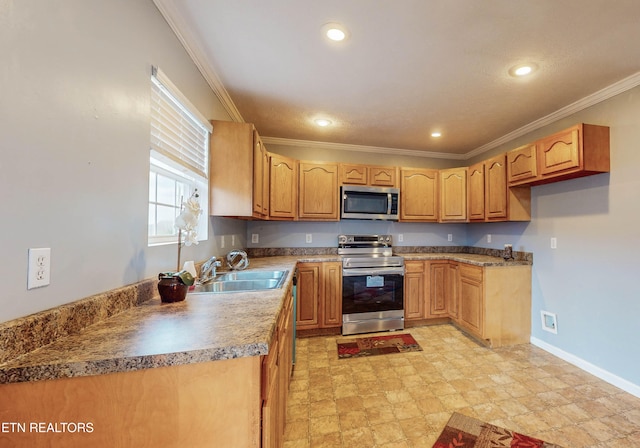 kitchen featuring ornamental molding, appliances with stainless steel finishes, and sink