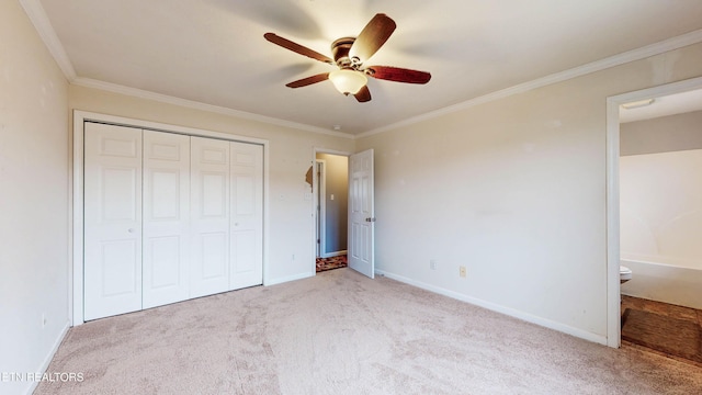 170 Mallory Dr, New Tazewell, TN 37825 - unfurnished bedroom featuring carpet, a closet, crown molding, baseboards, and ceiling fan