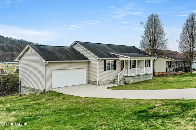 ranch-style house featuring a porch, a front yard, concrete driveway, and a garage