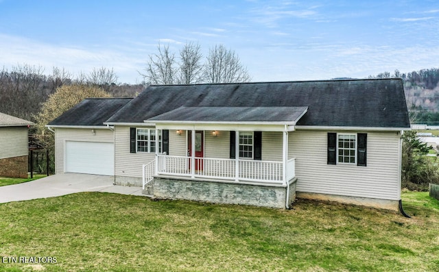 single story home featuring driveway, an attached garage, a front lawn, and a porch