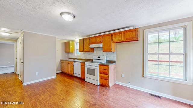 kitchen featuring backsplash, a textured ceiling, sink, white appliances, and light hardwood / wood-style flooring