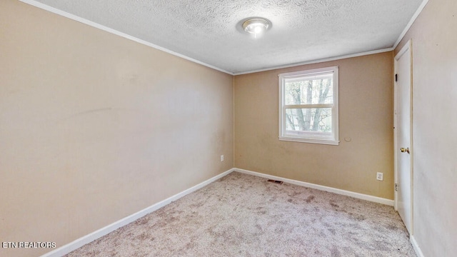 carpeted spare room with a textured ceiling and ornamental molding