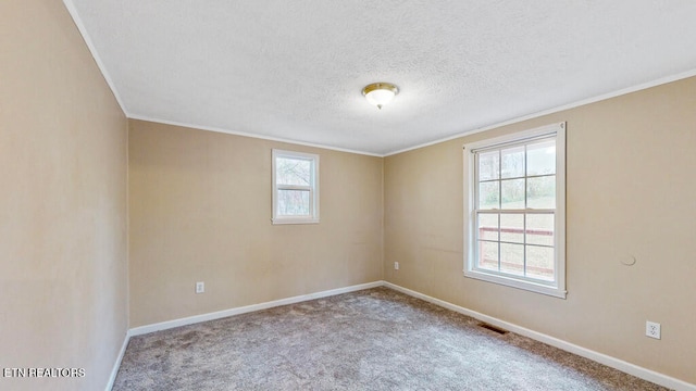 unfurnished room with a textured ceiling, carpet flooring, and ornamental molding