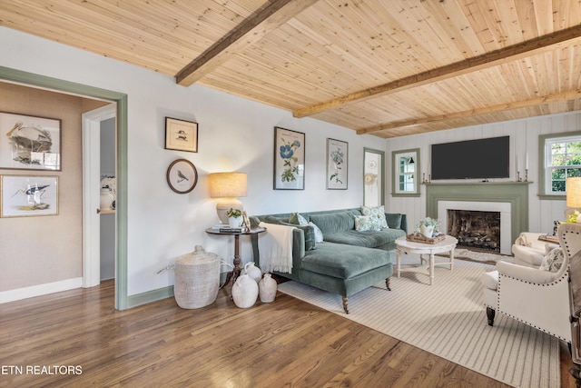 living room featuring hardwood / wood-style flooring, wooden ceiling, and beamed ceiling