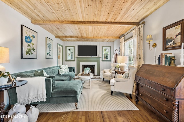 living room featuring wood-type flooring, wooden ceiling, and beamed ceiling