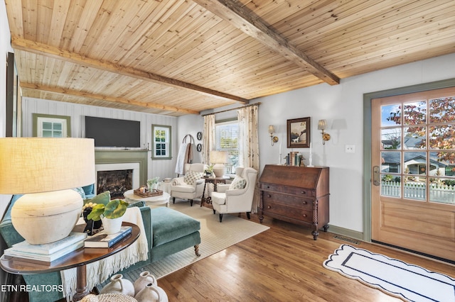 living room with beamed ceiling, wood-type flooring, and wood ceiling