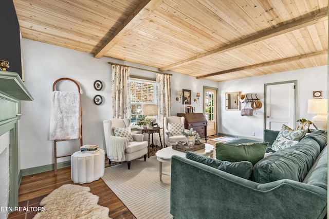 living room featuring hardwood / wood-style flooring, wooden ceiling, beam ceiling, and a fireplace