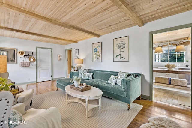 living room with beamed ceiling, wood ceiling, and wood-type flooring