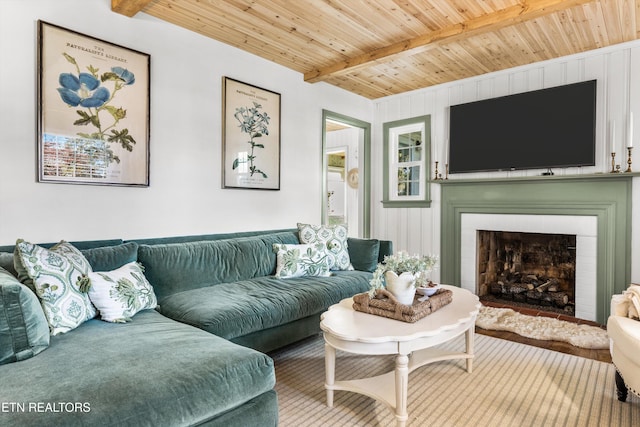 living room with wood ceiling and beam ceiling