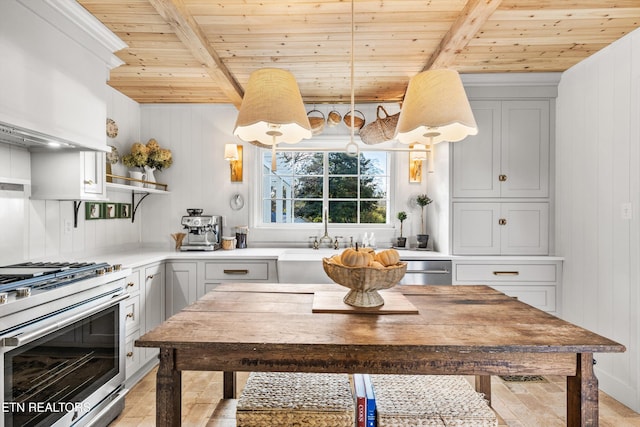 kitchen featuring wood ceiling, stainless steel appliances, hanging light fixtures, and beamed ceiling