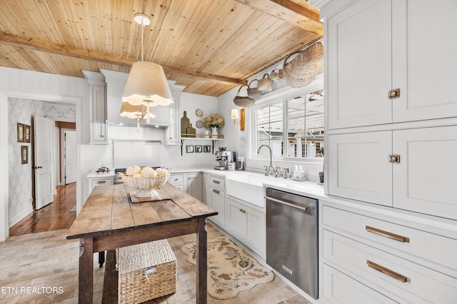 kitchen with pendant lighting, white cabinetry, dishwasher, sink, and wooden ceiling