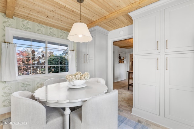 dining room with wood ceiling and beam ceiling