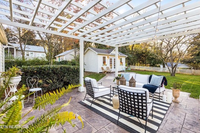 view of patio featuring a pergola, an outdoor structure, and outdoor lounge area