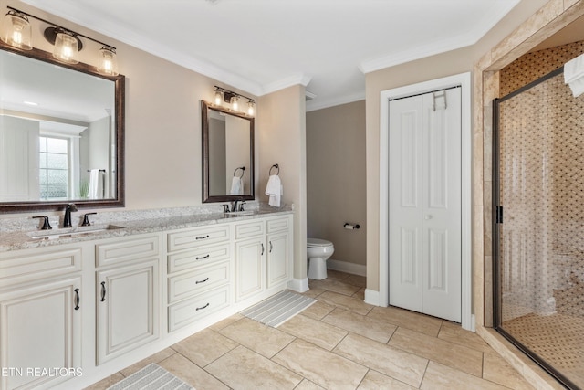 bathroom featuring toilet, an enclosed shower, ornamental molding, and vanity