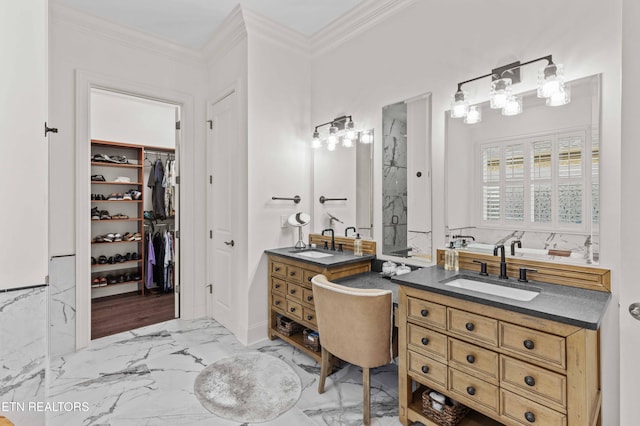 bathroom with walk in shower, ornamental molding, and vanity