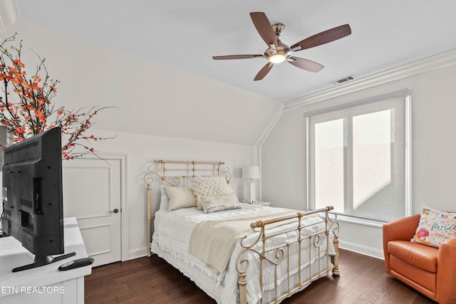 bedroom featuring dark wood-type flooring, ceiling fan, and lofted ceiling