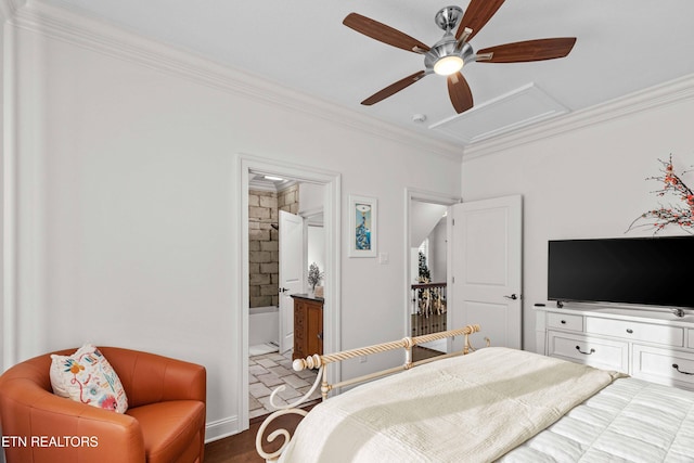 bedroom featuring connected bathroom, ceiling fan, and crown molding