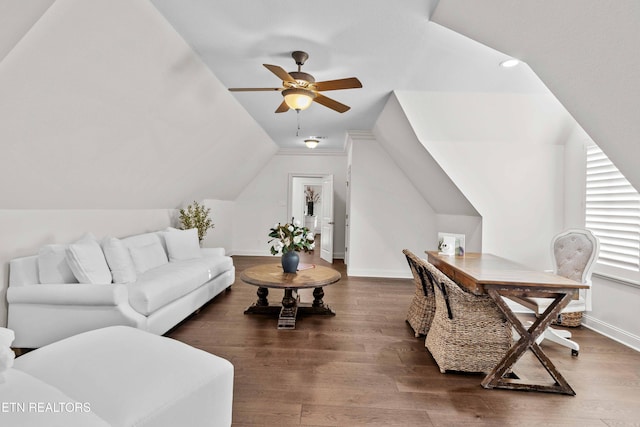 office area featuring dark wood-type flooring, ceiling fan, and lofted ceiling