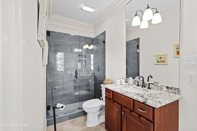 bathroom featuring tile patterned flooring, ornamental molding, vanity, a shower with shower door, and toilet