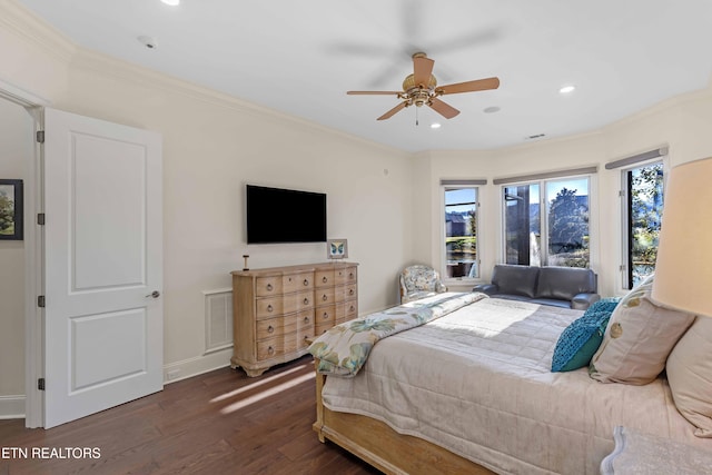 bedroom with dark wood-type flooring, ceiling fan, access to exterior, and crown molding