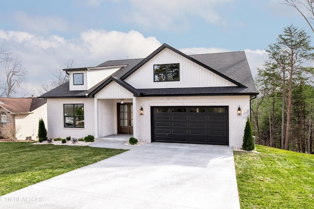 modern farmhouse style home with concrete driveway, a front lawn, a shingled roof, and brick siding