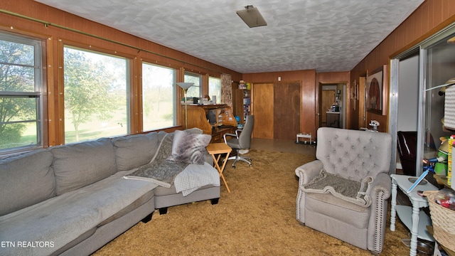 living room with a textured ceiling, wood walls, and a healthy amount of sunlight